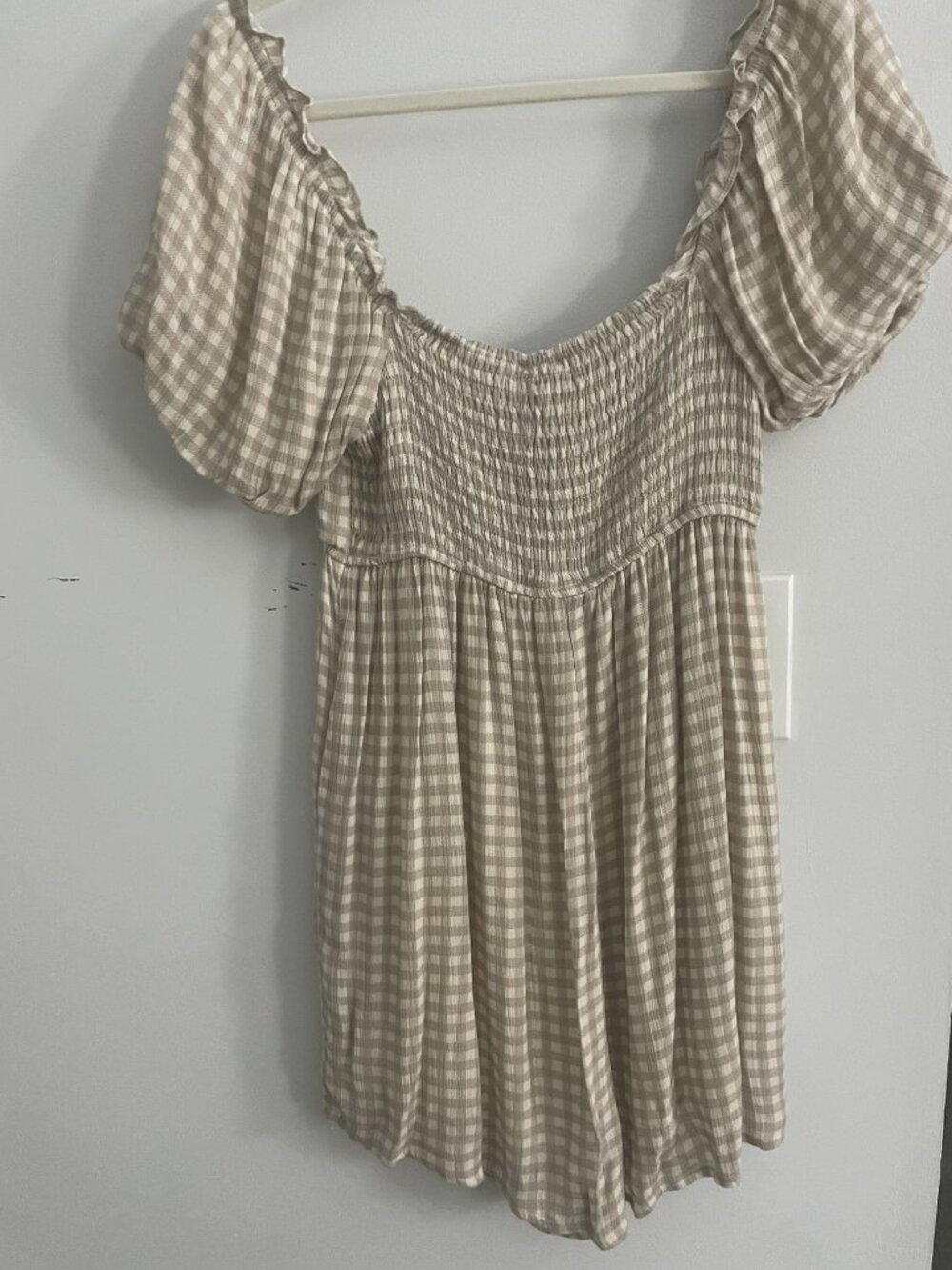 Gingham Babydoll Romper Rouched Back Puff Sleeve Pockets Elastic Waist Milkmaid - Picture 8 of 16